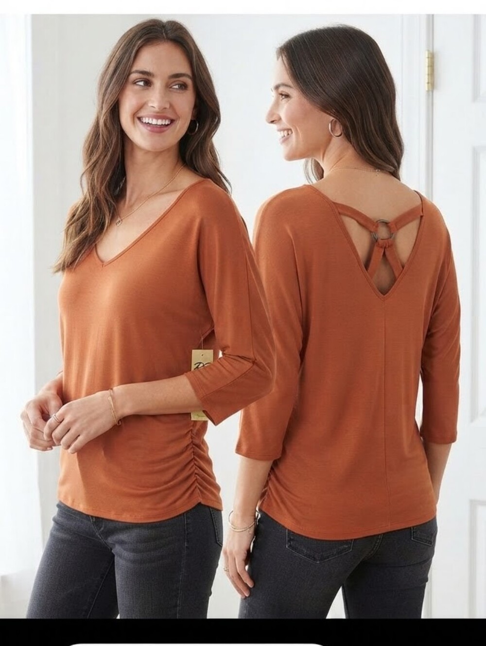 ​PerSception Concept Rust Orange O-Ring Back 3/4 Sleeve Side Ruched Top Small NW